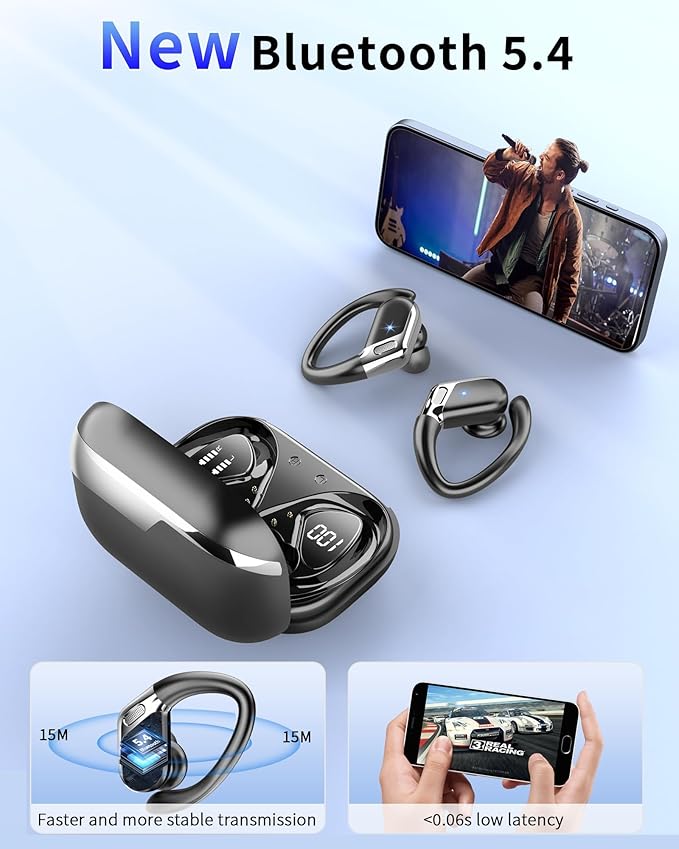 Wireless Earbuds, 2026 Bluetooth 5.4 Headphones Sport, Bluetooth Earbuds with ENC Noise Canceling Mic, 50H Stereo Wireless Headphones IP7 Waterproof with Earhooks, Dual LED Display for Workout/Running