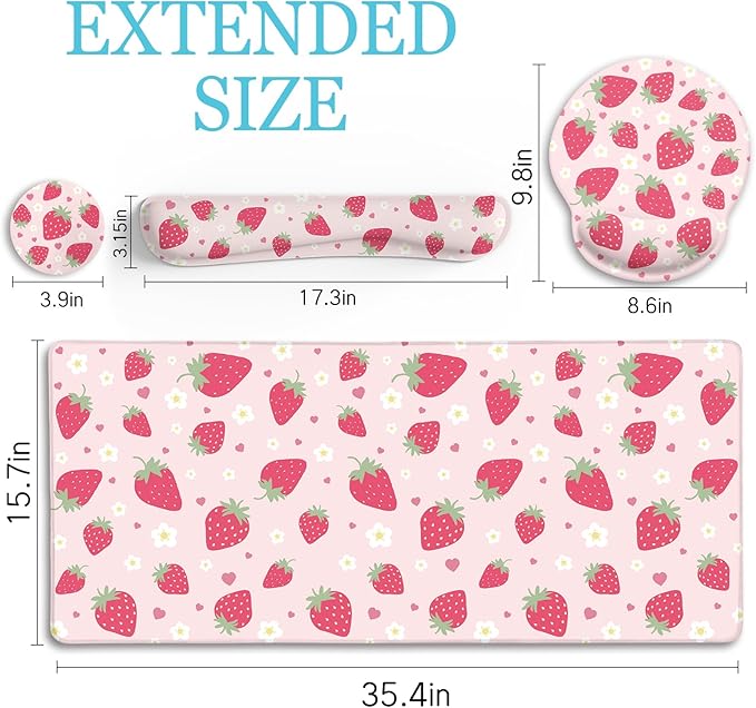 LIMKRIAN Strawberry Mouse Pad Desk Mat Set, Pink Ergonomic Mouse Pad with Wrist Rest, Large Gaming Mousepad Wrist Support Keyboard Mat Cup Coaster Set, Cute Office Desk Decor Accessories Supplies