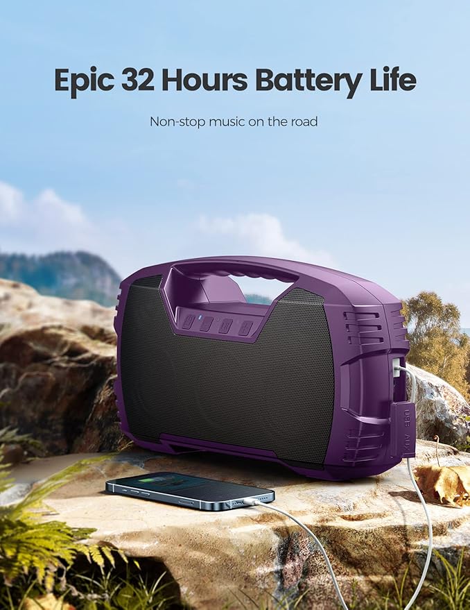 IPX7 Waterproof Outdoor Bluetooth Speaker, Wireless, 90W(Peak), 32H Playtime, Floating Design, Deep Bass & Loud Stereo Sound, Portable with Handle, Rugged for Pool, Beach, Kayaking, Hiking, Purple