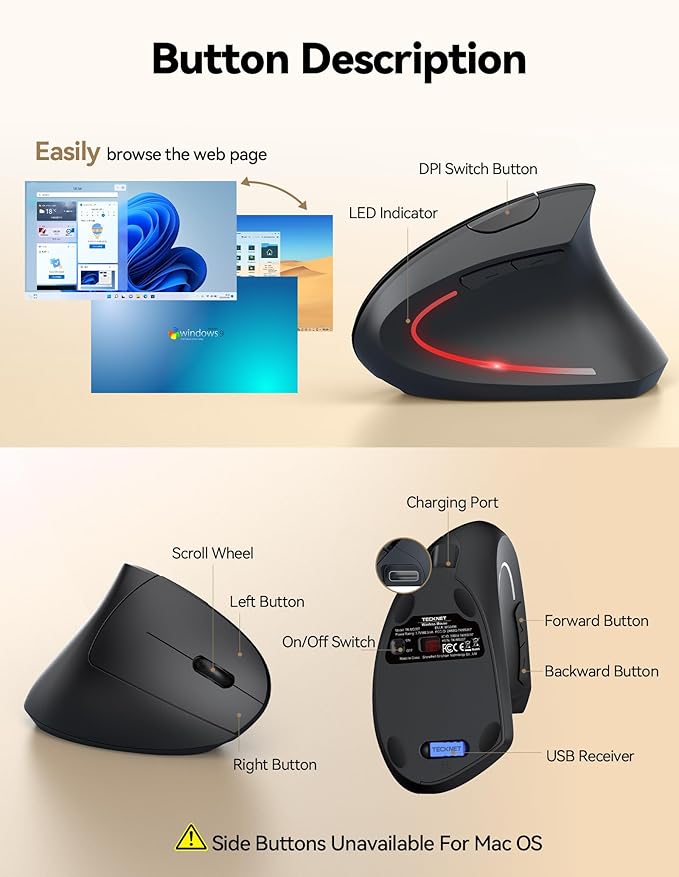 TECKNET Rechargeable Wireless Ergonomic Mouse,2.4GHz USB Vertical Mouse with Silent Click,4800 DPI Mouse with 6 Adjustable DPI,6-Button Computer Mouse for Laptop,PC, MacBook (No Batteries Needed)