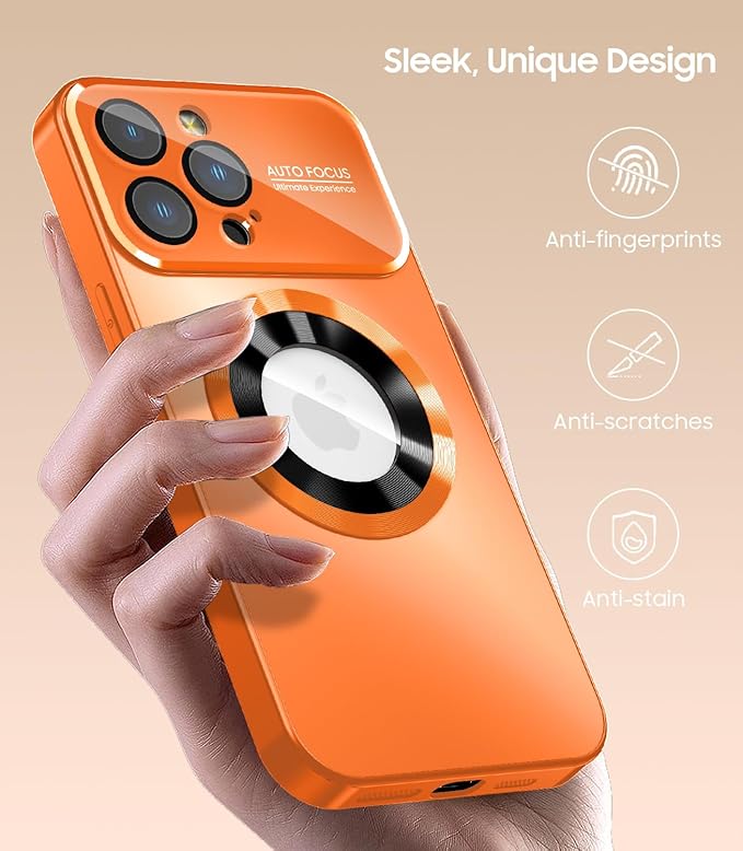 MAKAVO Magnetic for iPhone 13 Pro Max Case, Compatible with MagSafe, Built-in Camera Lens Protector, Logo View, Military Grade Drop Proof Phone Case Cover, Orange