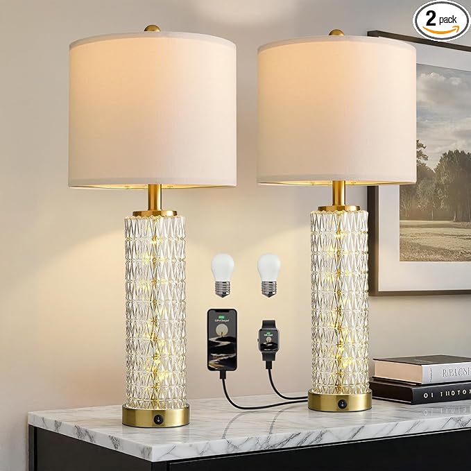 Oneach 27.75” Table Lamps Set of 2, Gold Modern Bedside Lamp with LED Night Light, USB A+C, Glass Lamps for Living Room, Bedroom, Nightstand, Office, End Table (2 Bulbs Included)