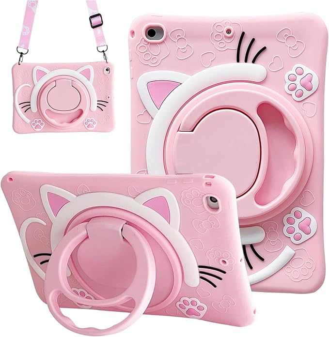 Dteck for iPad 10.9" 10th Generation Case Kids,Cute Cartoon 3D Unique Design Light Rotating Handle Stand Shoulder Strap Soft Silicone Funda Drop Rugged Shockproof Protective Kid-Proof Case,Cat