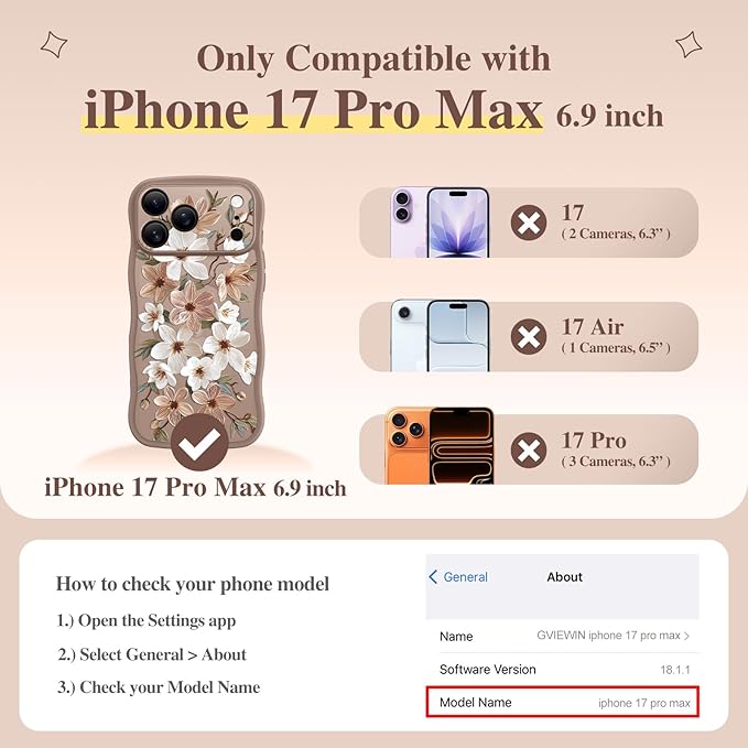 GVIEWIN for iPhone 17 Pro Max Case Compatible with MagSafe [Curly Wave Edge][Full Camera Protection] Floral Translucent Shockproof Magnetic Women Phone Case for 17 Pro Max, Dogwood/Brown