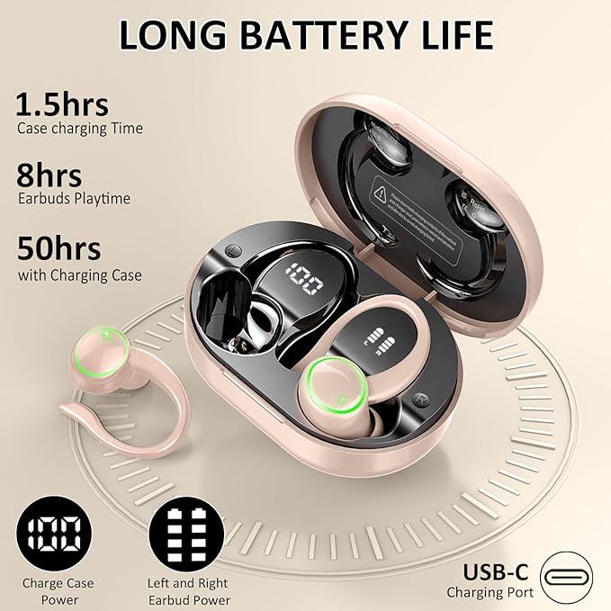 Matast Wireless Earbuds, Bluetooth 5.4 Headphones Sports, 50H Playback Over-Ear Buds with ENC Noise Cancelling Mic, 3D HiFi Stereo Fitness Earphones with Earhooks, IP7 Waterproof Headset for Runing