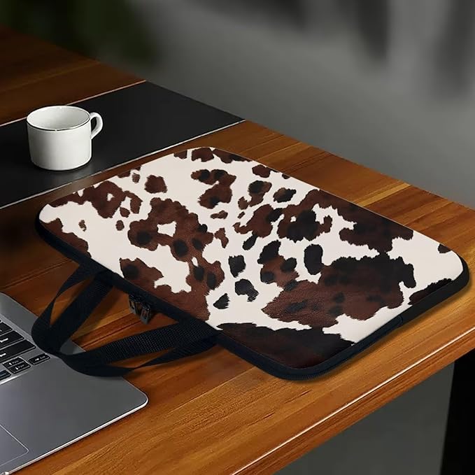 Cow Print Brown 12 Inch Laptop Sleeve, Laptop Cover Computer Bag Tablet Carrying Case with Handle, Waterproof Zipper Tote Bags Notebook Sleeves Handbag Messenger Briefcase