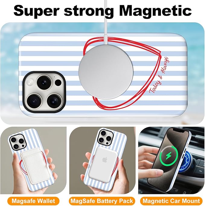 Magnetic for iPhone 14 Pro Case Cute Blue Heart Stripes Phone Case, Love Shockproof Slim TPU and Hard PC Protective Phone Cover Compatible with MagSafe Designed for Women Girls