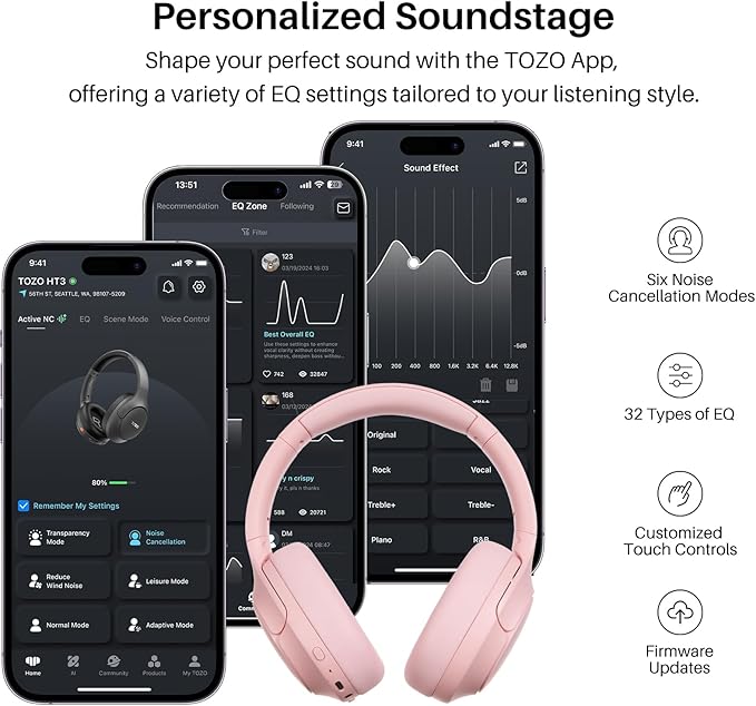 TOZO HT3 Hybrid Noise Cancelling Headphones, 90H Battery Life Wireless Over Ear Bluetooth 6.0 Foldable Headset, AI Voice Assistant with 5 Mics, Connect 2 Devices & Hi-Res Sound, 32 Audio EQ, with Case