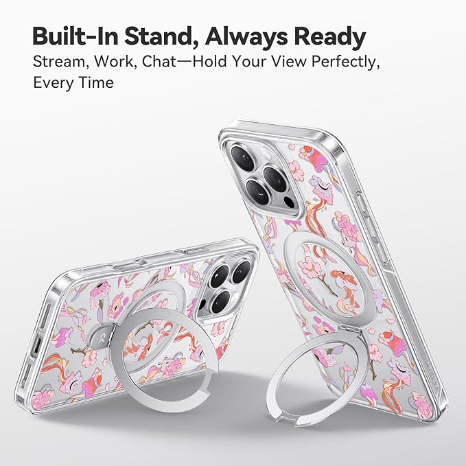 CASEKOO Floral Series [ArtCollab x Leah Han] Floral Jellyfish for iPhone 16 Pro Max Case with Magnetic Ring Stand [Compatible with MagSafe] [Military-Grade Protection] Clear Back, Soft Edge, for Women