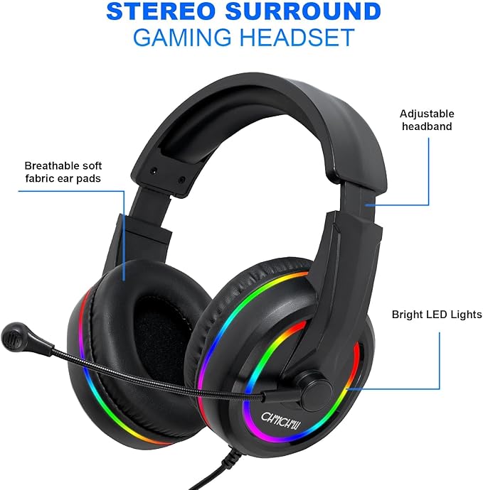 Gaming LED Keyboard Mouse Headset and Mousepad Bundle, CHONCHOW Wired Rainbow LED Light Up Gaming Keyboard Mouse Headset, Value 4 in 1 Game Set for Xbox PS4 PS5 PC Laptop Gamer