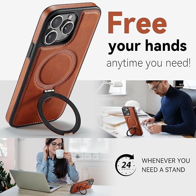Compatible with iPhone 15 Pro Case with Stand, Compatible with MagSafe, Slim PU Leather & Durable TPU Protective Cover Drop-Proof with Tempered Glass Screen Protector 6.1", Brown