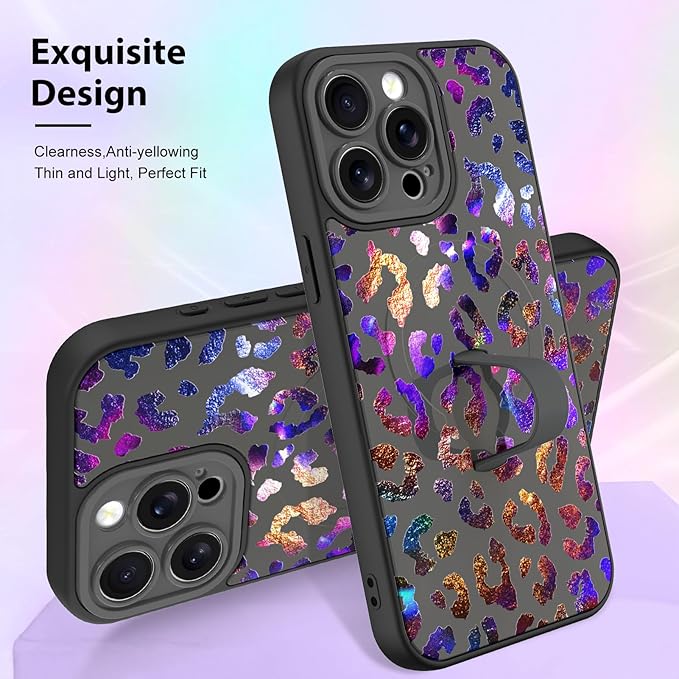 KANGHAR Compatible with iPhone 15 Pro Max Case, Support for MagSafe, Silicone Cute Iridescent Leopard Cheetah Pattern, Wristband Kickstand Shockproof Protective Slim Cover for Women Girls, Black