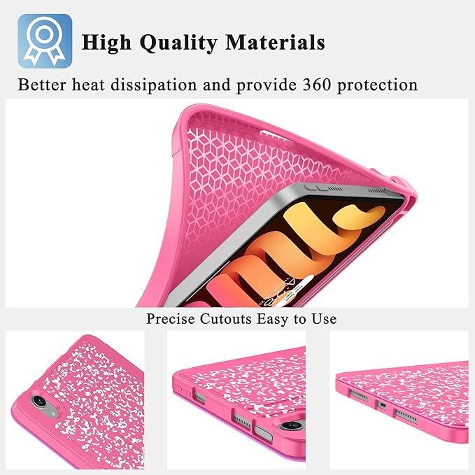 Supveco Case for iPad mini 7 (A17 Pro) 2024/iPad Mini 6 2021 8.3 Inch with Pencil Holder-[Auto Wake/Sleep],Slim Protective Case with Soft TPU Back Cover for iPad mini 7th/6th Generation-HotPink