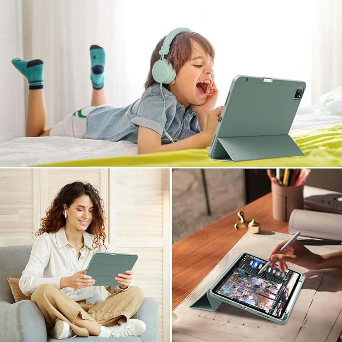 Case for iPad Pro 13 Inch Case (M5/M4) 2025/2024 with Pencil Holder | Slim Protective Trifold TPU Back | Support Apple Pencil Pro & USB-C Charging | Auto Wake/Sleep (Dark Green)