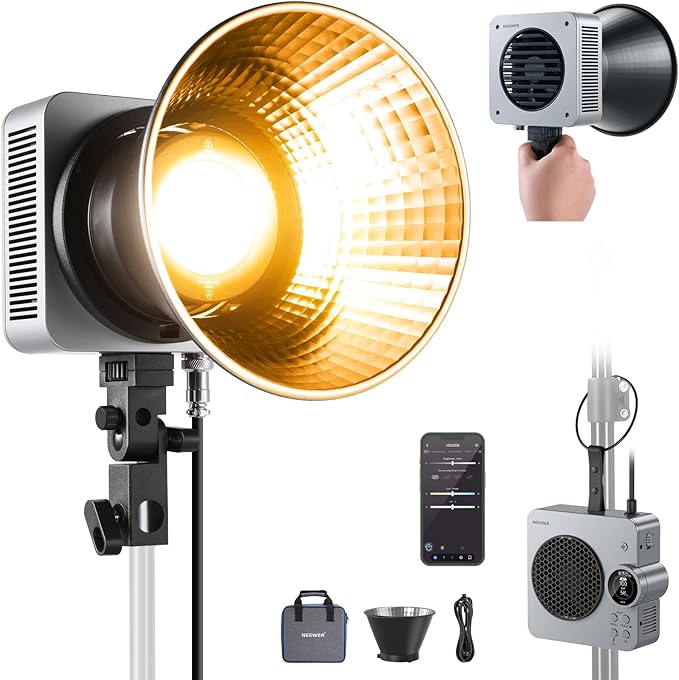 NEEWER HS200B Portable LED Video Light APP/2.4G/DMX Control, 280W 84400lx/1m Bi Color 2700-6500K CRI95+ COB Continuous Output Key Lighting Bowens Spotlight for Recording Streaming Studio Photography