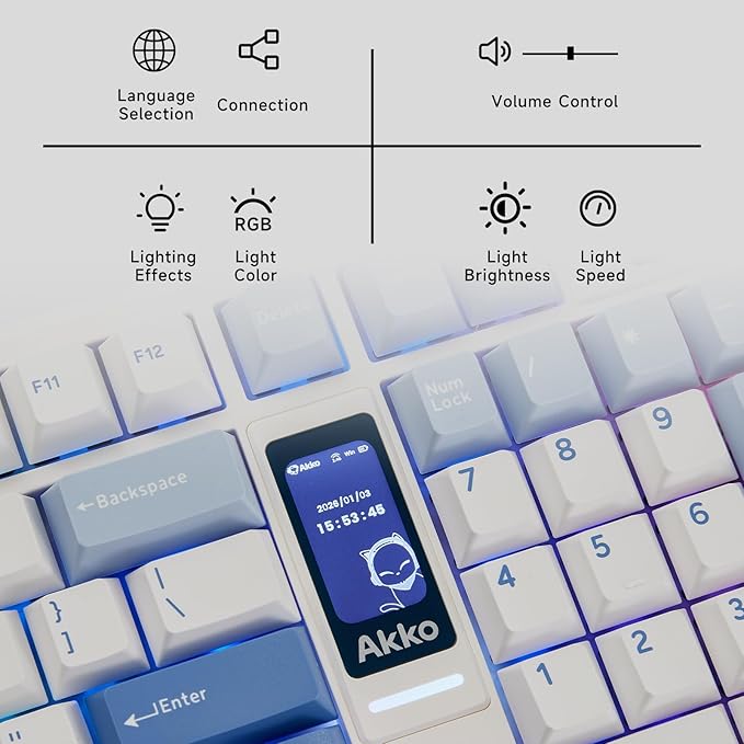 Akko 5098B Wireless Gaming Keyboard with Screen, Glacier Hot-Swappable Mechanical Keyboard with Scroll Wheel, Numberpad, RGB Gasket Keyboard, Piano Pre Lubed Switch