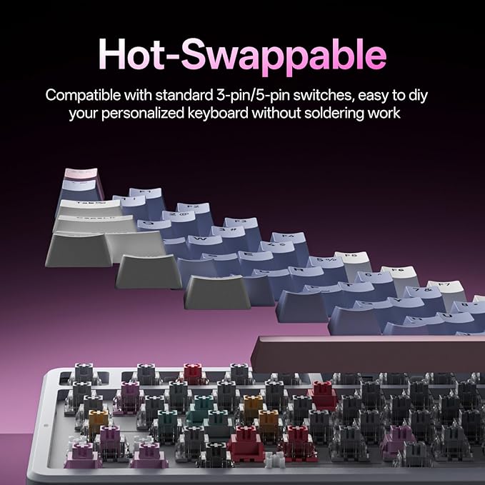 Rapoo V700DIY-98 Wireless Mechanical Keyboard, BT5.0 + 2.4GHz, Hot Swappable Custom Gaming Keyboard, Speed Silver Linear Switch, 16.8M Per-Key RGB, Gasket Mount, Creamy Sound, Full Anti-Ghosting, Pink