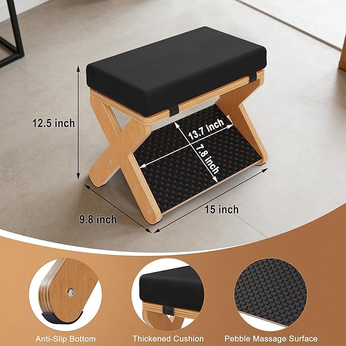 Wood X-Legs Foot Stool Ottoman, Multi-Purpose Small Ottoman with Pebble Massage Surface and Non-Slip Foot Pads，Sturdy Solid Wood Frame Padded Seat Footrest for Office，Living Room & Bedroom