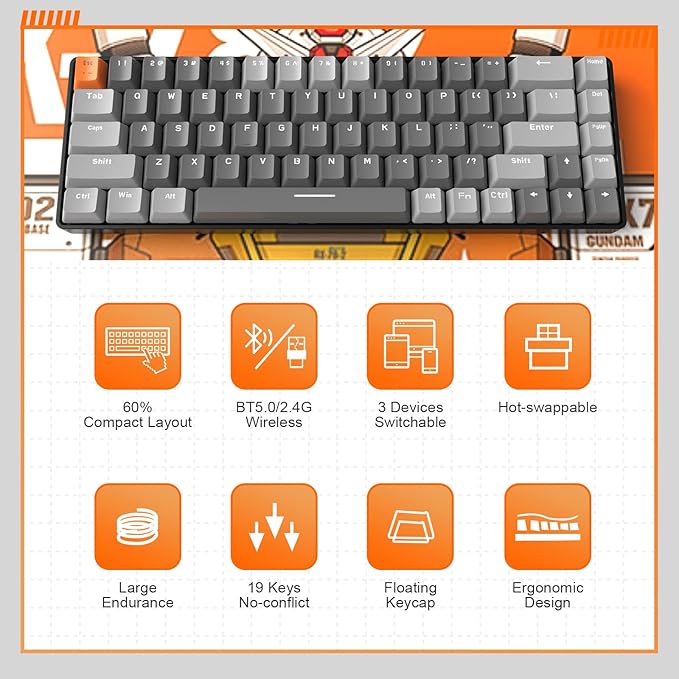 MAGIC-REFINER RK68 60% Wireless Mechanical Keyboard, Bluetooth 5.0/2.4GHz with Dual Mode 2-in-1 Receiver, Compact 68-Key Hot Swappable Gaming Keyboard, Linear Red Switch for PC Mac Xbox Smartphone