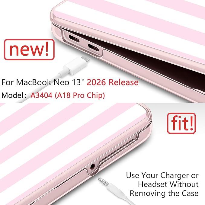 DONGKE for MacBook Neo 13 Inch Case 2026 (Model A3404, A18 Pro chip), Stylish Pattern Protective Hard Shell with Screen Protector, Keyboard Cover & USB-C Adapter - Pink & White Stripes