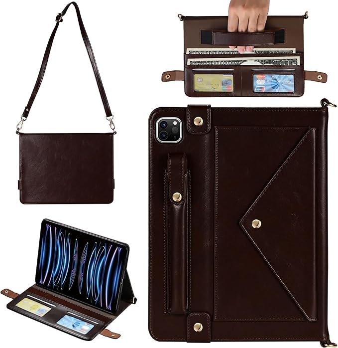 Handbag Case for iPad Pro 11" 2022/2021/2020 & iPad Air 11" M3 M2, Techcircle Folio Stand PU Leather Hand Strap Protective Cover, Crossbody Pencil Holder Card Slots Wallet Case, Dark Brown