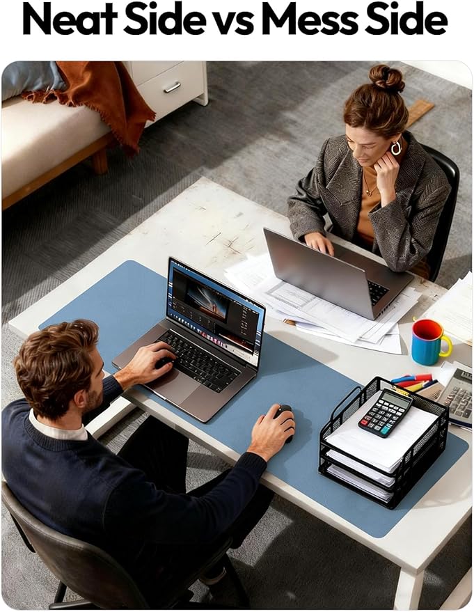 YSAGi Leather Desk Protector, Office Mat, Large Mouse Mat, Non-Slip PU Leather Blotter, Laptop Desk Pad, Waterproof Writing Pad for Office and Home (Blue, 35.4" x 17")