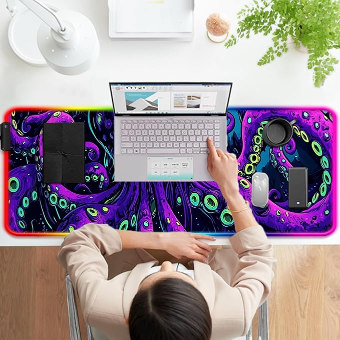 RGB Octopus Monster Gaming Desk Mat, Computer Keyboard Large Extended Cool Neon Animal LED Mouse Pad for Office and Home, 31.5×11.8 Inches, XL