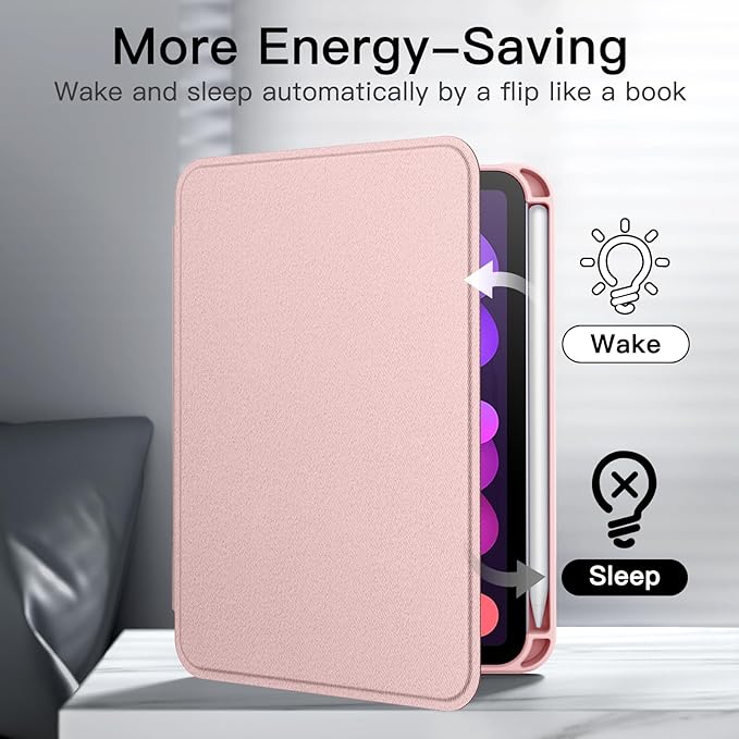 JETech Case for iPad mini (A17 Pro, 2024 Model, 7th) / Mini 6 (2021 Model, 6th) with Pencil Holder, Slim Folio Stand Protective Tablet Cover, Multi-Angle Viewing (Pink)