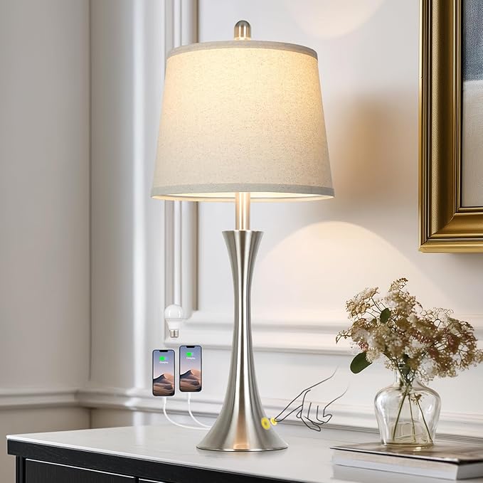 Rinweey 27.5" Silver Table Lamps, Touch Bedside Lamps with USB C+A Ports, 3 Way Dimmable Nightstand Lamps for Bedroom, Living Room, Office, Silver Lamp with Beige Lampshade, Bulbs Included (1 Pack)
