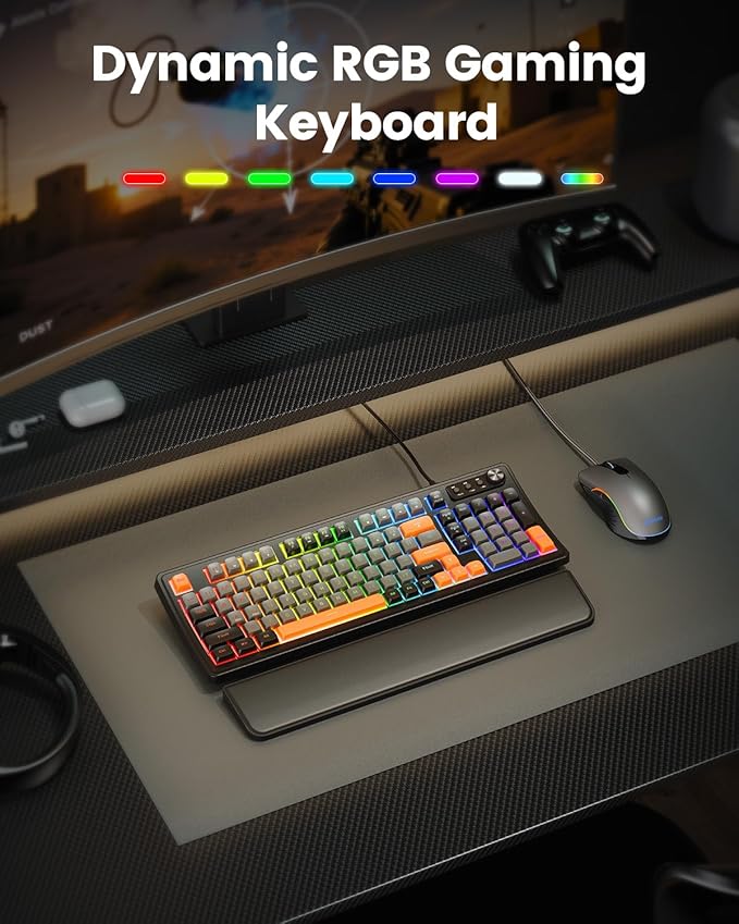 SABLUTE Gaming Keyboard and Mouse, Quiet Membrane Keyboard with RGB Backlit, PC Gaming Keyboard with Multimedia Knob, Anti-Ghosting, Ergonomic Wrist Rest & 3200 DPI Mouse for Gamer/Office