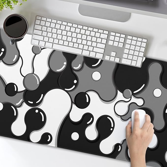 Black White Grey Mouse Pad XL Anime Cool Geometric Japanese Extended Desk Mat 80X30cm Non-Slip Rubber Base Stitched Edge Large Mousepad for Desk Gaming Laptop Desktop,31.5×11.8 Inch