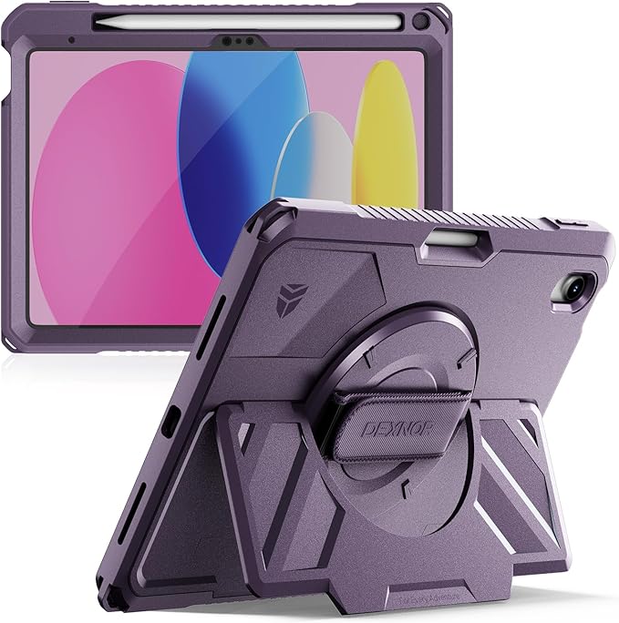 Dexnor Case for iPad (A16) 11th/10th Generation 2025/2022 (11″/10.9″),Rugged Protective Case with 360° Rotating Hand Strap& Stand & Screen Protector & Pencil Holder Shockproof Full-Body Cover, Purple