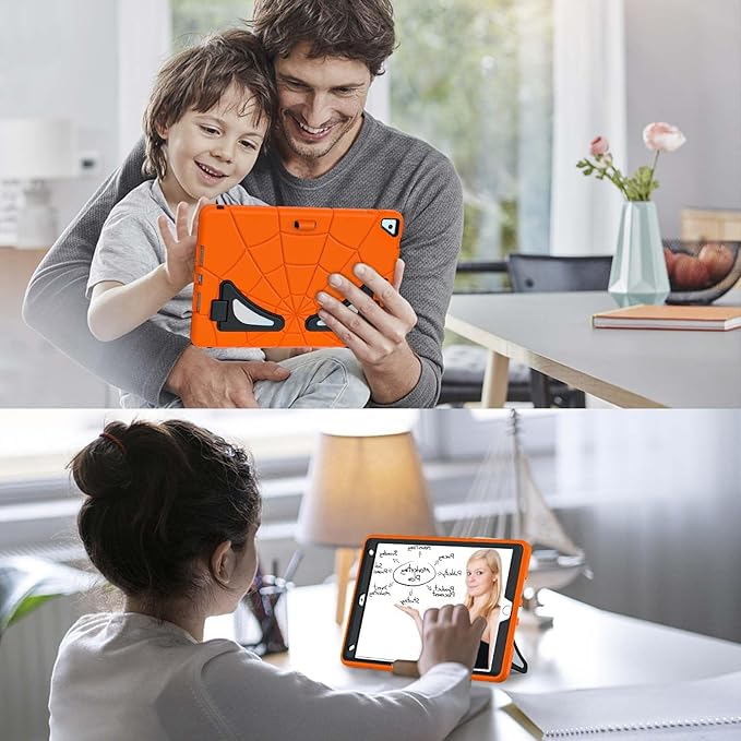 AKABEILA Compatible with Apple iPad 10.2 7th 8th 9th(2019/2020/2021) Tablet Case，Lightweight Shockproof Rugged Protective Cover with Kickstand for Kids Children Boys Babies Orange Black