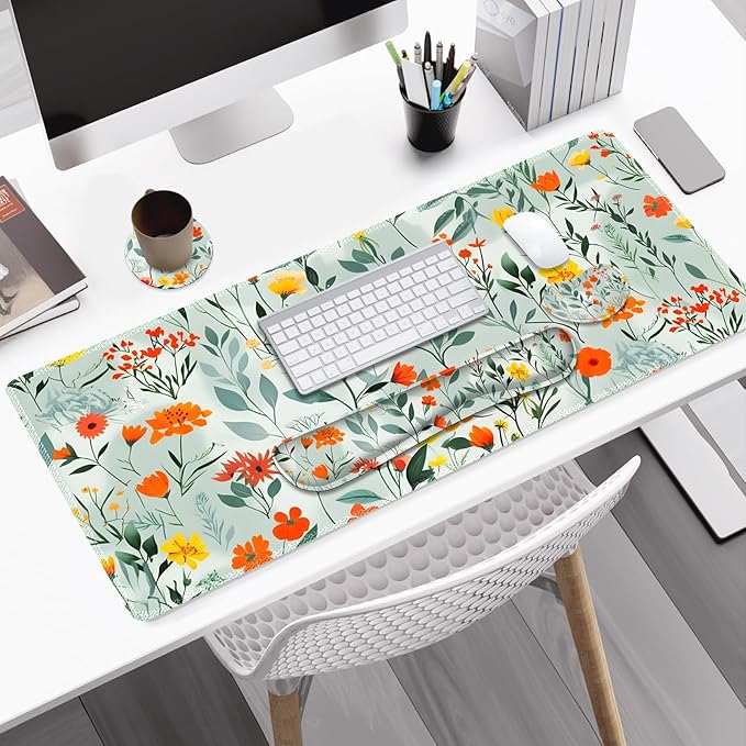 Large Gaming Mouse Pad Set, 4 in 1 Ergonomics Keyboard Desk Mat Memory Foam Wrist Rest, Computer PC Extended Game Mousepad, Non-Slip Desk Matt Easy Typing Pain Relief I Blooming Orange Florals