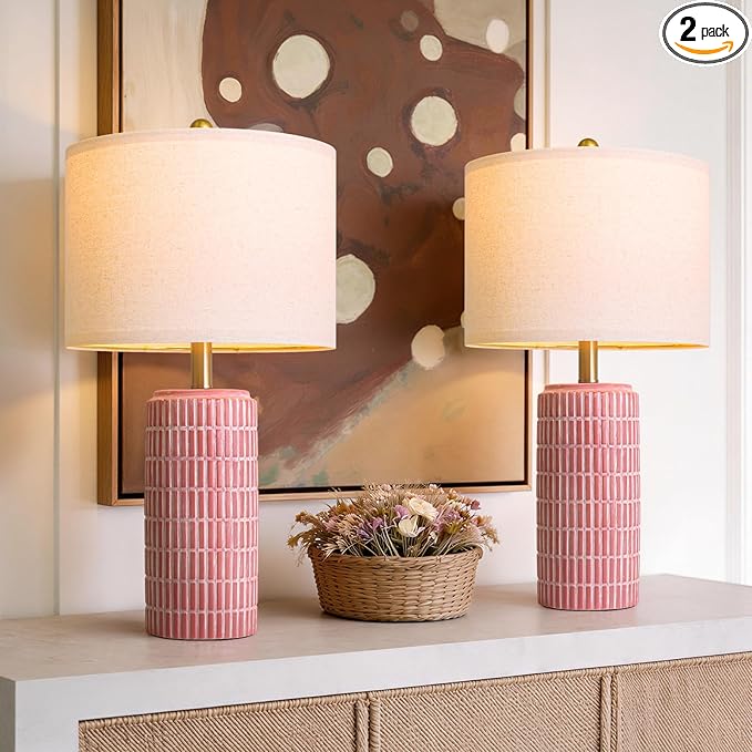 PoKat 23" Ceramic Table Lamps for Living Room, Farmhouse Bedside Lamps Set of 2 for Bedroom, Rustic Nightstand Lamps for Office Sideboard Entryway Hallway Decor Gifts (Matte Red)