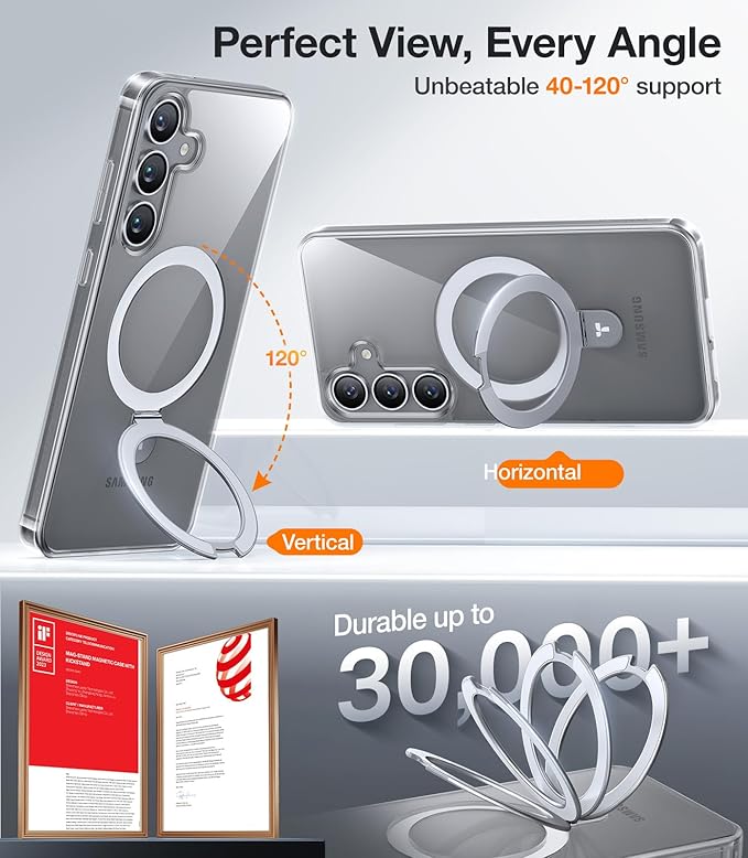 TORRAS Magnetic Stand for Samsung Galaxy S25 Case, [Compatible with MagSafe] [Military Grade Drop Tested] Shockproof Ring Translucent Slim Protective Phone Case for S25 Case Ostand, Clear