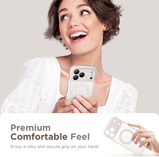 CAPRARO Magnetic for iPhone 17 Pro Case for Women Girls, Upgraded [Full Camera Protection] [Compatible with MagSafe] Cute Wave Translucent Matte Phone Case for iPhone 17 Pro, Stone