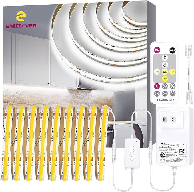 EMITEVER LED Strip Light, Cool White 5000K 16.4ft,24V DC COB Dimmable Tape Lights with RF Controller,Premium High Density Power Adapter,1600LEDs Suitable for Bedroom,Kitchen Cabinets,Indoor Use