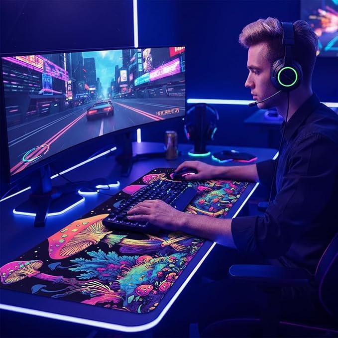 Simpkeely Large Gaming Mouse Pad XL - Blacklight Skull Mushroom Desk Mat, 31.5 x 11.8 Inch Extended Waterproof Keyboard Mousepad with Non-Slip Rubber Base for Gamers & Office Work