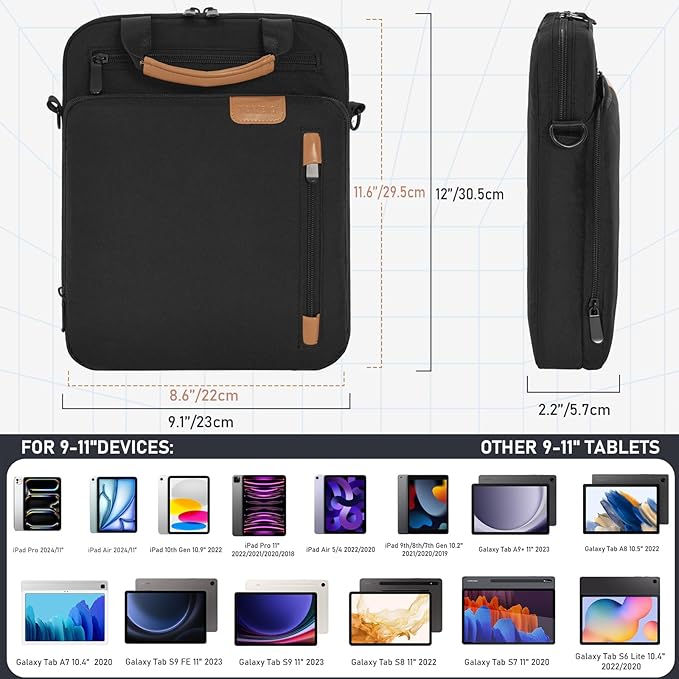 9-11 Inch Tablet Sleeve Bag, Padded Protective Travel Carrying Case for iPad A16 2025, iPad Air M4 11-inch 2026 M3 M2, iPad Pro M5/M4 11 inch, iPad 10/9/8/7th, Galaxy Tab A9+/S9/S8 11" | with shoulder Strap