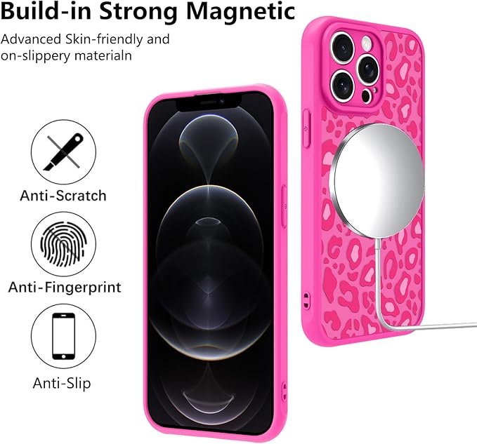 KANGHAR Case for iPhone 12 Pro Max Hot Pink Leopard Printed Pattern Cute Cheetah [Compatible with Magsafe] Protective Magnetic Case for Girls Women 6.7"