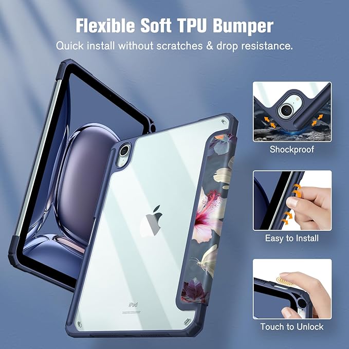 Fintie Hybrid Slim Case for iPad Mini 7 (A17 Pro, 7th Generation) 2024 / iPad Mini 6 (6th Gen) 8.3 Inch, [Built-in Pencil Holder] Shockproof Cover Clear Transparent Back Shell, Hibiscus