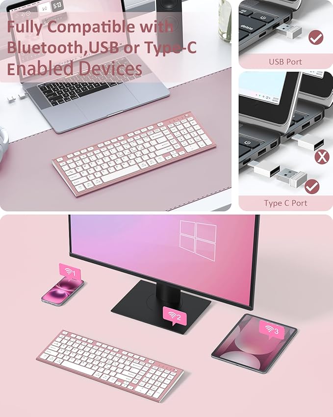 FENIFOX Wireless Keyboard, Bluetooth & 2.4G USB & USB-C Rechargeable Silent Ultra Quiet Low Profile Compact Full Size with Number Pad Soft Multi Device for Mac MacBook Windows PC - Pink & Rose Gold