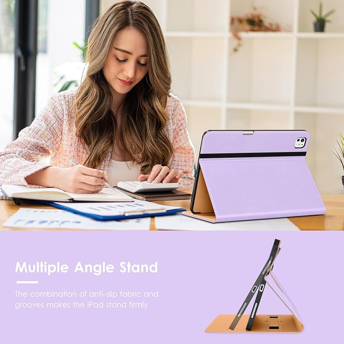 VIKESI Case for iPad Pro 13-inch M5 or M4 Released in 2025 or 2024, Leather Stand Cover with Apple Pencil Holder, Auto Wake/Sleep, Multiple Viewing Angles, Built in Hand Strap & Pocket,Lavender