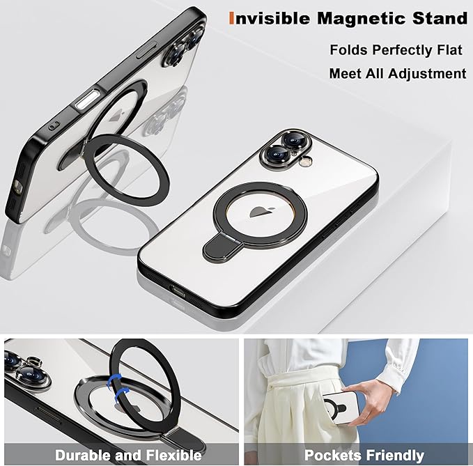 Compatible with iPhone 17 Case with Invisible Magnetic Ring Stand [Compatible with Mag-Safe] [Full Camera Lens Protector] Plating Clear Phone Case for iPhone 17 6.3", Black