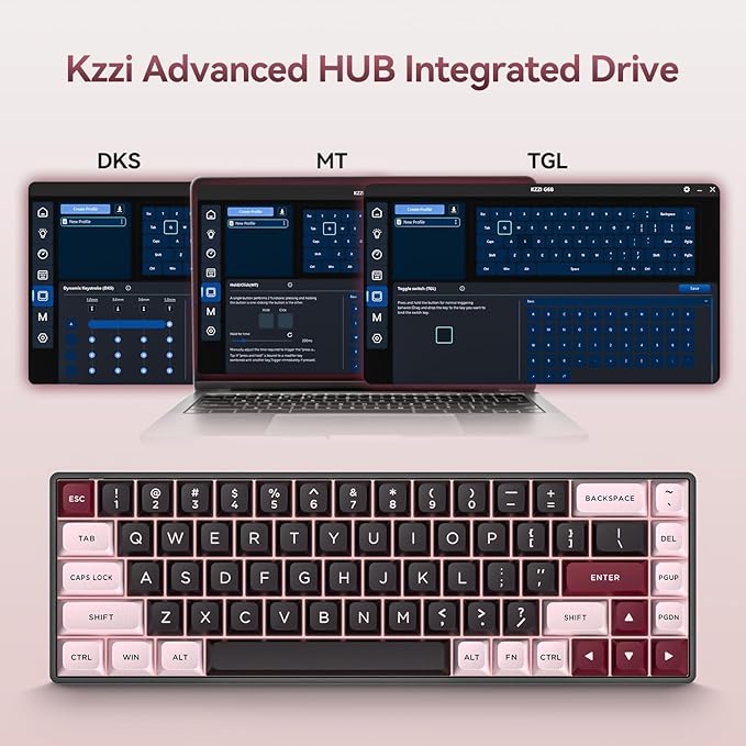 KZZI CNC Magnetic Gaming Keyboard with Rapid Trigger, Hall Effect Switches, CNC Aluminum Frame,Adjustable Actuation 60% Compact TKL Mechanical Keyboard RGB PBT Keycaps for Linux/Win/Mac (Pink)