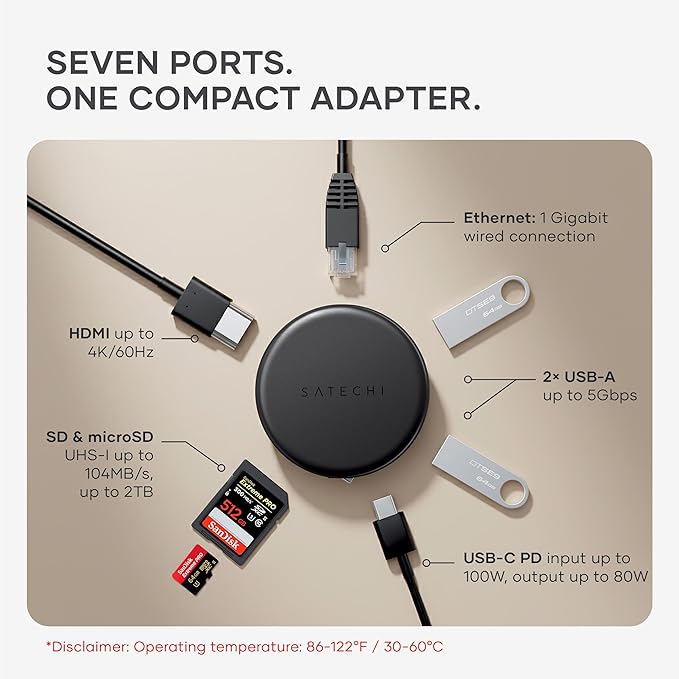 Satechi OntheGo™ 7-in-1 USB-C Hub, Compact Magnetic Multiport Adapter, 100W PD, HDMI 4K/60Hz, Gigabit Ethernet, 2×USB-A 5Gbps, SD/microSD Reader, Coiled Cable, for Mac & Windows – Space Black