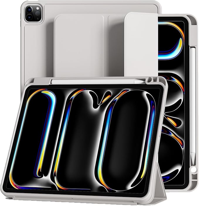 Case for iPad Pro 11 inch (M5/M4) 2025/2024 with Pencil Holder,Tri-Fold Stand Cover, Protective Soft TPU Back&Shockproof Air Corner,Supports Apple Pencil Pro, Auto Wake/Sleep (Gray)