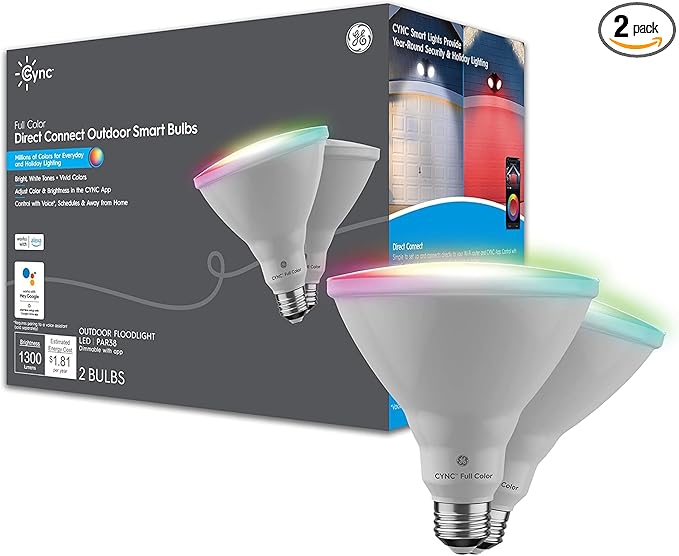 GE CYNC Smart LED Light Bulb, PAR38 Flood Light Outdoor, Works with Amazon Alexa and Google Home, WiFi Light, Color Changing Light Bulb, 90W Equivalent, (Pack of 2)