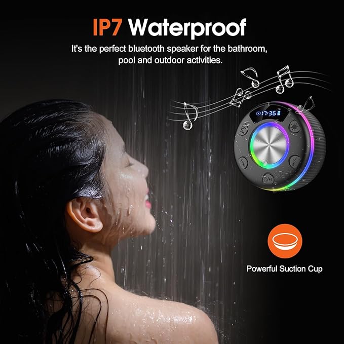Bluetooth Shower Speaker, IP7 Waterproof Portable Bluetooth 5.3 Speakers with Suction Cup, Mini Wireless Speaker with RGB Lights Time Display, Loud Stereo Sound for Bathroom Beach Outdoor Party Gift